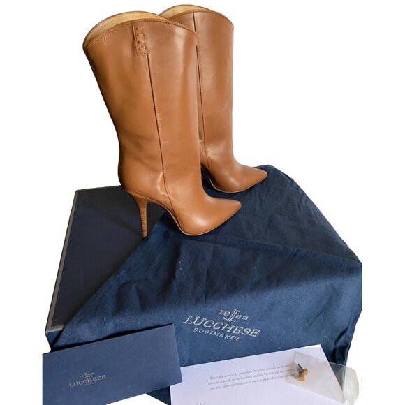 Lucchese Clarissa Western Dress Boot Sz 7.5 Luggage Leather Pointed Toe MidCalf - Picture 1 of 16